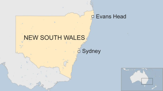 A map showing Evans Head 700km north of Sydney