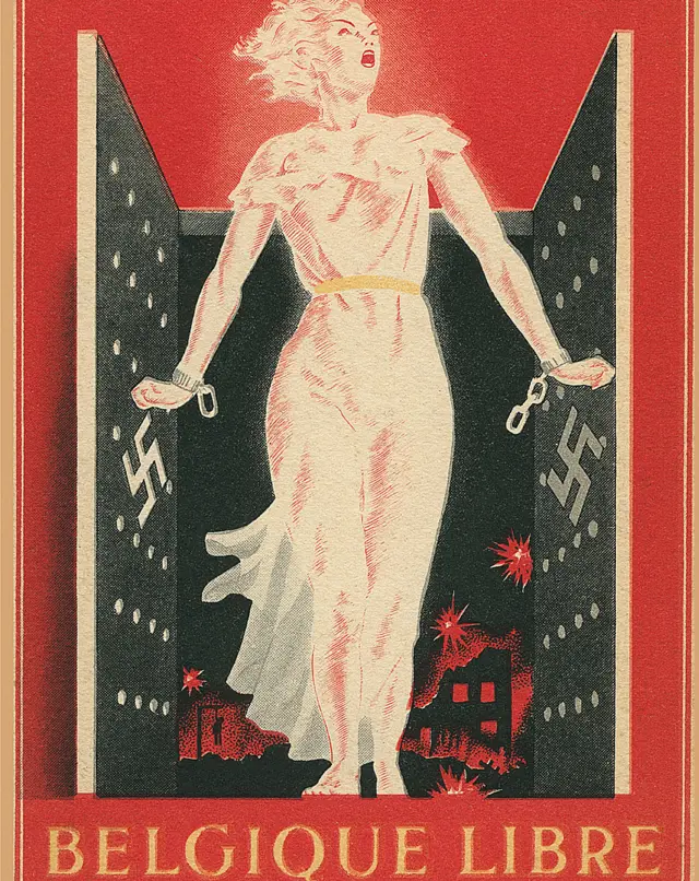 Póster de la Segunda Guerra Mundial mostrando a Bélgica liberándose de los nazis.