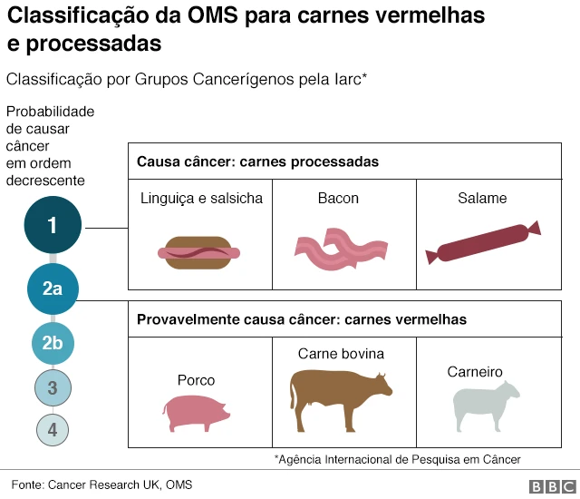 Gráfico: efeito cancerígeno das carnes vermelhas e processadas