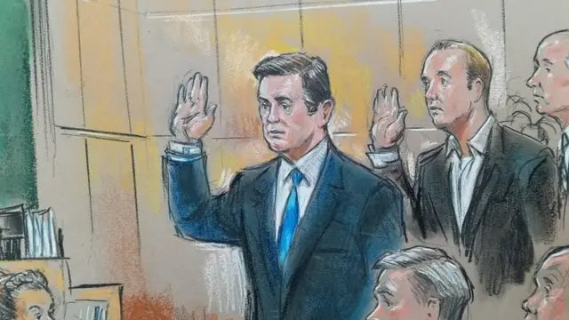 Dibujos de Manafort y Gates, durante una audiencia en el medio de la investigación de Rusia y su posible vínculo con la campaña presidencial de Trump.