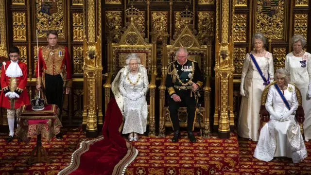 Queen Elizabeth II and Prince Charles, Prince of Wales attend the State Opening of Parliament by Queen Elizabeth II, in the House of Lords at the Palace of Westminster on October 14, 2019