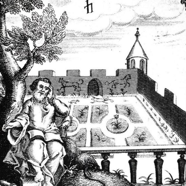 Un grabado de madera del siglo XIX ilustrando a un hombre apoyando la cabeza en la mano. Está sentado bajo un árbol en un jardín amurallado. La ilustración es un detalle de la portada del libro "La anatomía de la melancolía", de Robert Burton, originalmente publicado en 1621