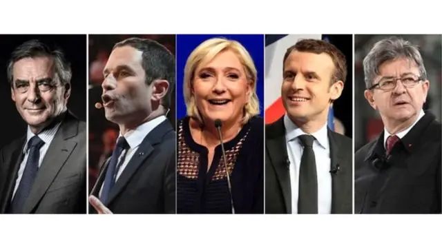З ліва на право - Франсуа Фійон, Бенуа Амон, Марін Ле Пен, Еммануель Макрон, Жан-Люк Меланшон