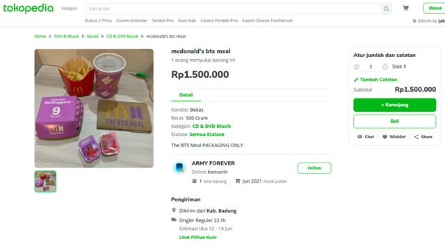 Beberapa akun di Tokopedia menjual BTS Meal McD seharga Rp1 juta dan Rp1,5 juta.
