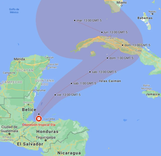 Posición y trayectoria de Eta prevista por el NHC, actualizado a las 19:05 CST (GMT-6) del jueves, 5 de noviembre.