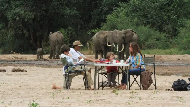 Sentados à mesa com elefantes ao fundo