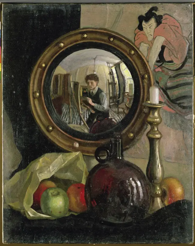 Still Life with Self-Portrait, Mark Gertler, 1918. Óleo en lienzo, 50,8 × 40,6 cm. Leeds Museums and Galleries (Temple Newsam) © Leeds Museums and Galleries (Leeds Art Gallery) U.K. / Bridgeman Images