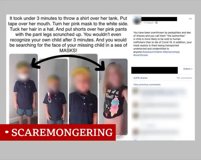 منشور مأخوذ من فيسبوك، يتحدث عن مدى سهولة تمويه طفل يرتدي كمامة بغرض اختطافه