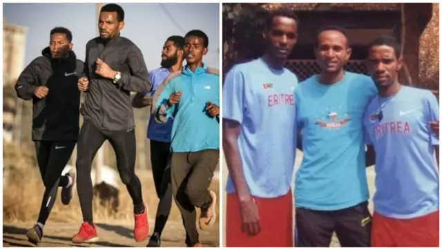 ኣብ ወዳማይ ስእሊ ኣትሌት ስእሊ [ካብ የማን ካልኣይ ኣብ ድሕሪት ዘሎ] ምስ ብዓል ዘርእሰናይ ታደሰ ልምምድ እናኣካየደ