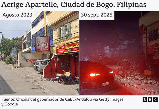Composición de imágenes de una calle filipina antes del terremoto y después, con los edificios caídos.