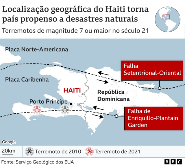 Mapa mostra falhas geológicas na região do Haiti