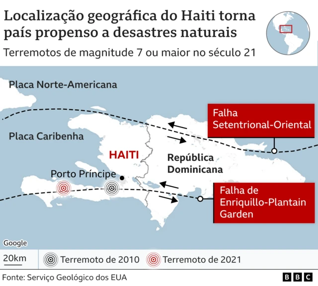 Mapa mostra falhas geológicas na região do Haiti