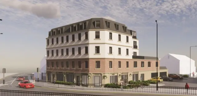 Imagen generada por computadora de un edificio de cinco pisos. La planta baja tiene ventanas altas, el primer piso es de ladrillo, el segundo y el tercer piso están pintados de blanco roto y el último piso está cubierto de tejas. El edificio tiene ventanas tradicionales de obturación y hay algunas plazas de aparcamiento a la derecha.