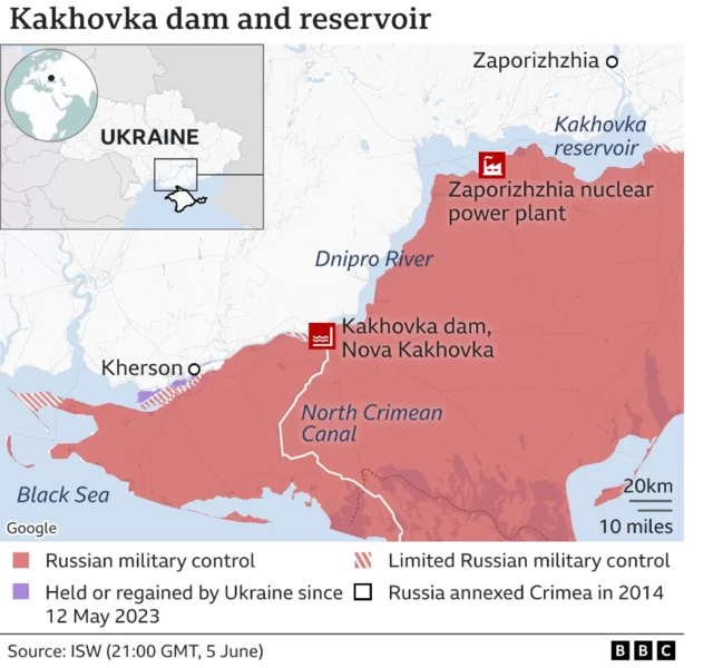 Map wey show Kakhovka dam and reservoir