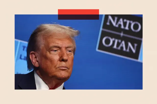 Доналд Трамп испред паноа на којем је исписано НАТО