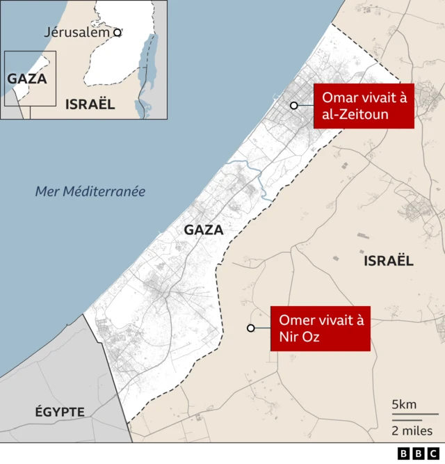 Carte de Gaza et d'Israël, montrant les lieux où Omer et Omar sont morts