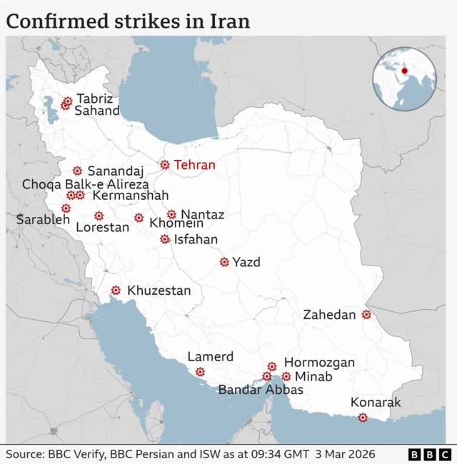 Di image na map of Iran wey show several marked cities wit red star symbols, wey show US and Israeli strikes. Di labelled locations include: - Tabriz (north west Iran)
- Sahad (near Tabriz, likely referring to the Sahand area)
- Tehran (north central Iran, the capital)
- Kermanshah (western Iran)
- Khomein (central west Iran)
- Minab (southern Iran, near di Persian Gulf)
- Konarak (south eastern Iran, near di Gulf of Oman)
- Bandar Abbas (southern Iran, on di coast) Di map include one small inset globe for di top-right corner wey highlight Iran location for di Middle East. One BBC logo show for di bottom-right corner. Di borders of surrounding countries and coastlines dey faintly outlined, but di focus na on di distribution of strike locations across Iran.