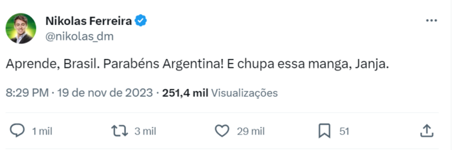 Tuítebonus lampions betNikolas Ferreira sobre a vitóriabonus lampions betMilei