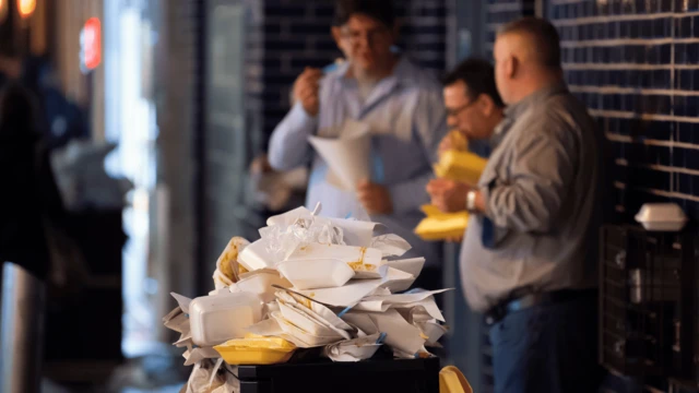 垃圾桶裡堆滿了垃圾食物包裝。