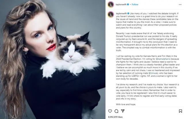 Postbest apostasTaylor Swift no Instagram anunciando apoio a Kamala Harris