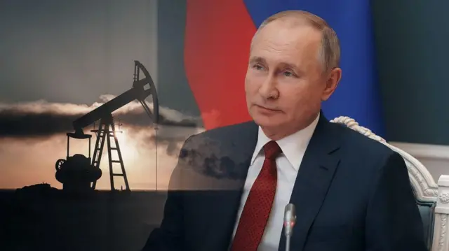 Коллаж - Путін на тлі нафтових помп і прапора РФ