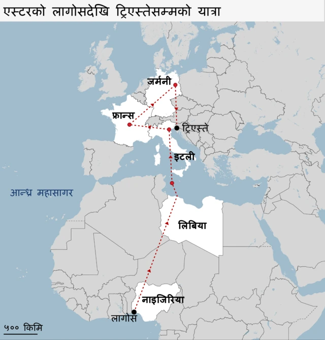 एस्टरको यात्रा देखाइएको नक्सा