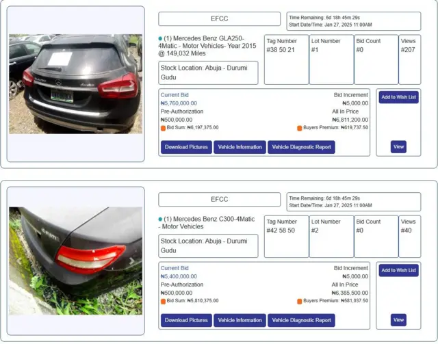 Fotos of forfeited vehicles wey EFCC wan sell