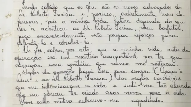 Carta de Waldirene para os advogados do médico Roberto Farina, em 1978, após a condenação em primeira instância