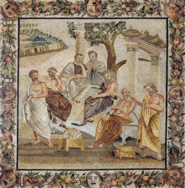 Civilización romana, siglo I d.C. Mosaico que representa la Escuela de Atenas. De Pompeya, Italia.