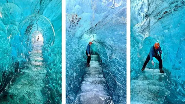 Tres imágenes de Vlasis dentro del túnel de un glaciar