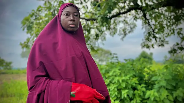 Une femme portant un foulard violet et des gants rouges se tient sous un arbre de karité dans un champ vert où elle récolte les graines.