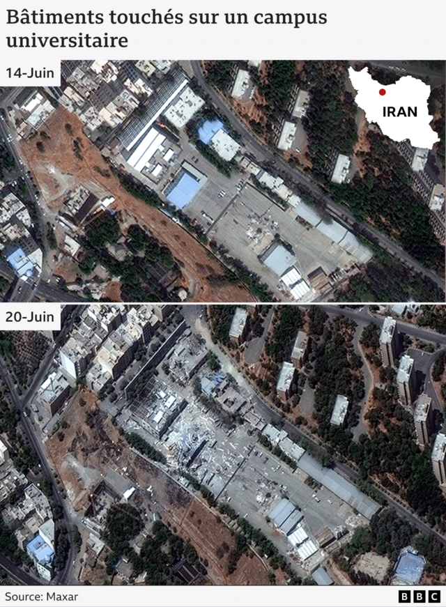 Images satellite Maxar des dégâts causés aux bâtiments de l'université Shahid Rajaee.
