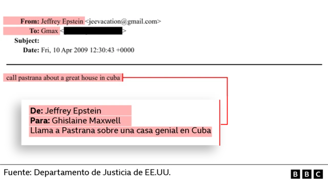 Correo de Epstein a Maxwell en el que menciona a Pastrana