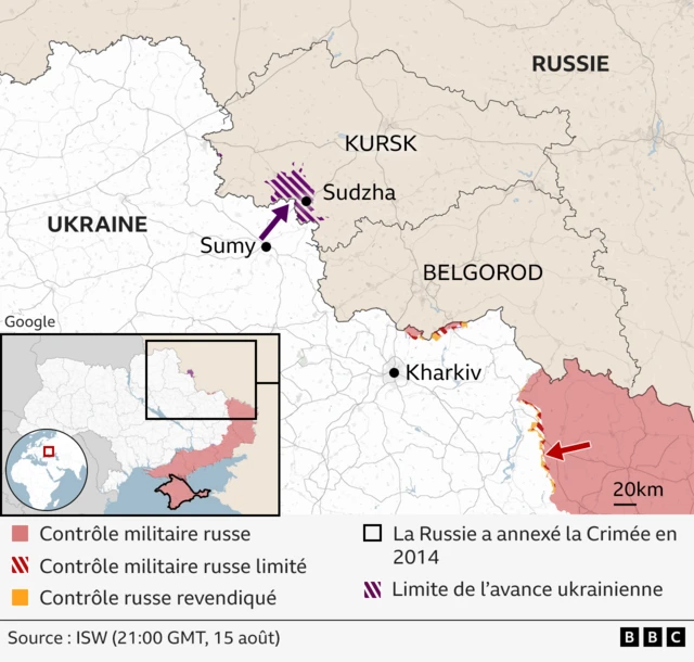 Graphique montrant la région de Koursk par rapport à l'Ukraine