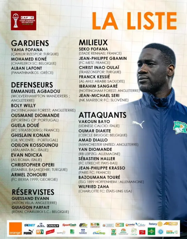 Affiche annonçant la liste des joueurs ivoiriens sélectionnés pour la CAN 2025 au Maroc.