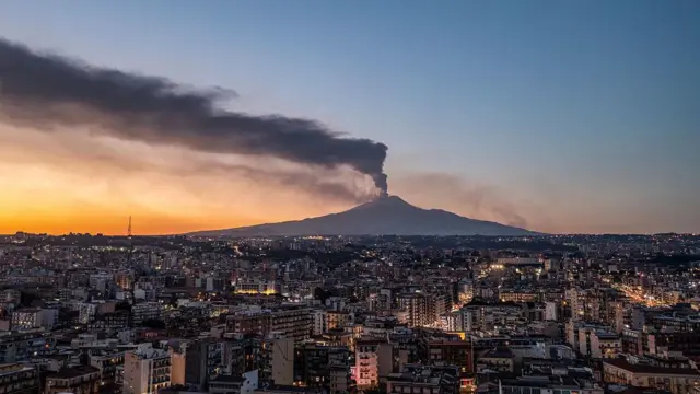 İtalya'nın Catania kentinde 11 Ağustos 2026 tarihinde, gün batımında Catania şehrinin havadan görünümü; arka planda Etna Yanardağı büyük bir volkanik kül bulutu püskürtüyor.