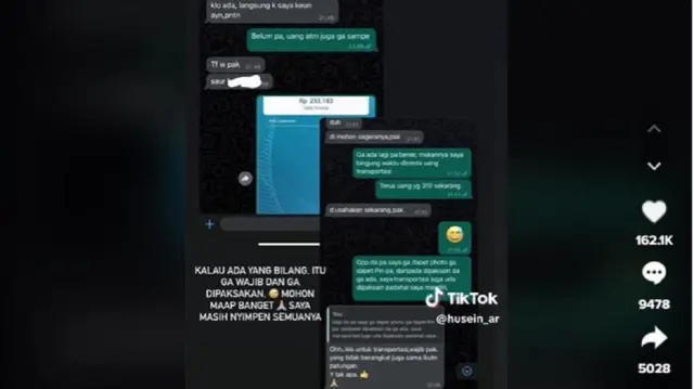 Tangkapan layar percakapan WhatsApp berisi penagihan 'uang transportasi' beserta bukti transfer.