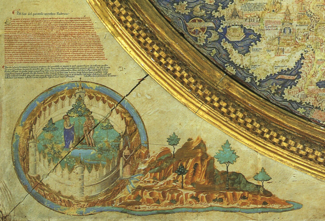 La esquina inferior izquierda muestra una escena ilustrada del Jardín del Edén en el que se ve Adán, Eva y la serpiente rodeados por una muralla
