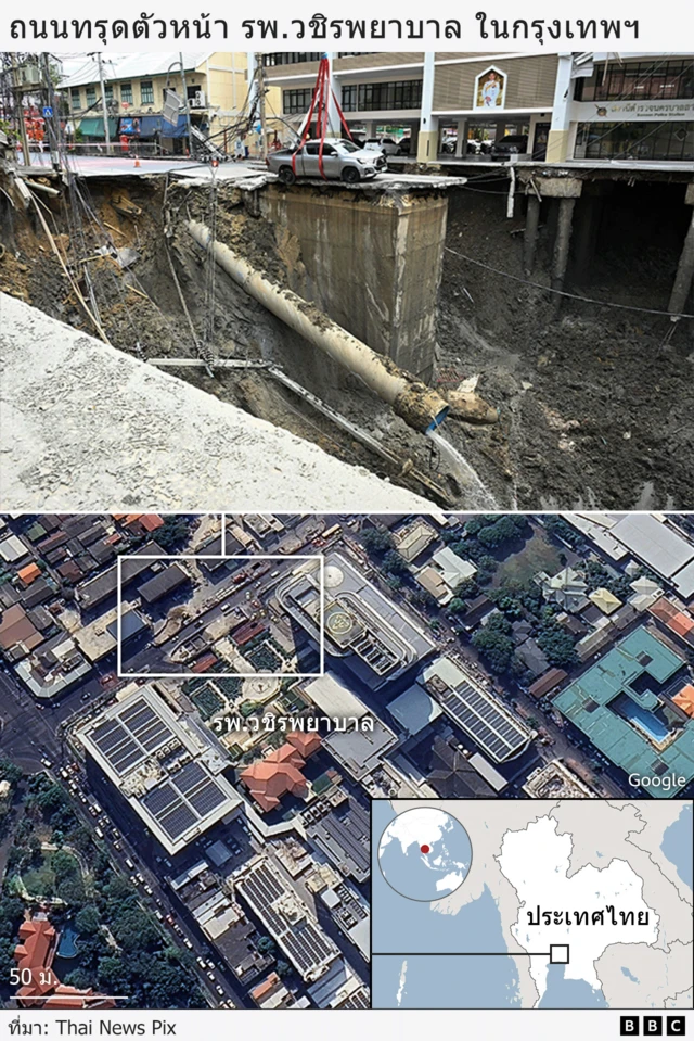 จุดเกิดเหตุถนนทรุดตัวหน้า รพ.วชิรพยาบาล ถนนสามเสน กรุงเทพฯ 