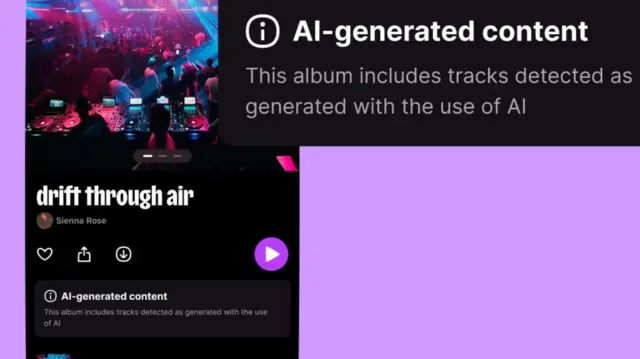 Uma imagem do aplicativo da Deezer que destaca a etiqueta informando aos usuários se a música foi gerada por IA
