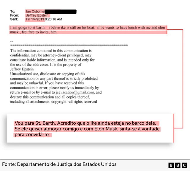 E-mail mostra que Epstein teria pedido para que um emissário, Ian Osborne, convidasse Eike Batista para almoçar com Elon Musk