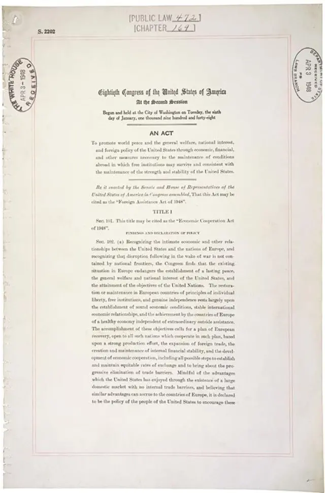 قانون الإنعاش الأوروبي -خطة مارشال- وُقّع في 3 نيسان/أبريل 1948، بحسب الأرشيف الوطني الأمريكي.