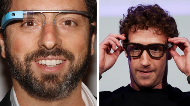 गुगलचे सह-संस्थापक सर्गेई ब्रिन यांचा 2013 मध्ये लाँच झालेल्या गुगल ग्लाससह (डावीकडे). मेटाचे सीईओ मार्क झुकरबर्ग (उजवीकडे) स्मार्ट ग्लाससह (उजवीकडे).