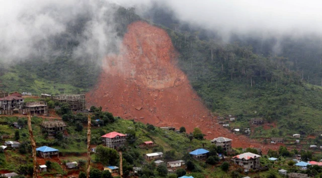 The red gash visible on the mountain near Freetown after the devastating mudslide in 2017