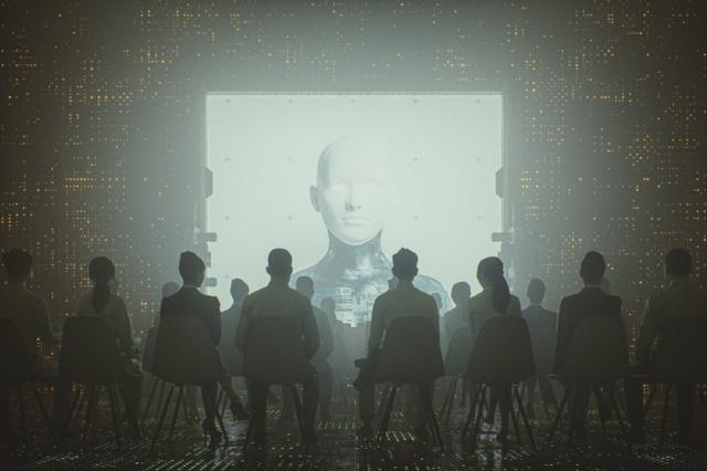 Pessoas reunidas em frente a uma tela com uma figura gerada por inteligência artificial