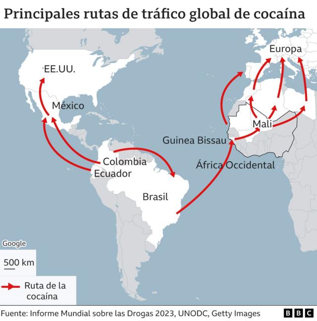 Mapa que muestra las principales rutas del tráfico global de cocaína
