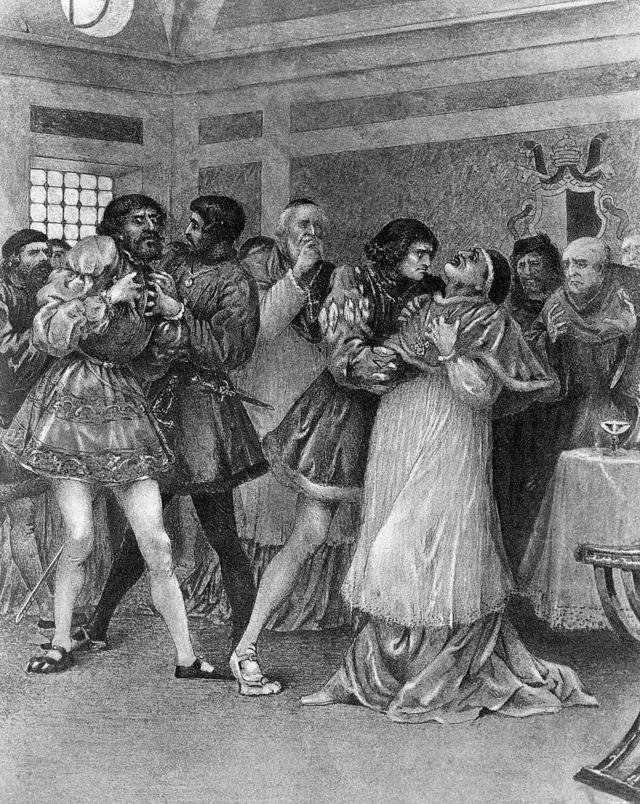 Ilustração mostra cena do envenenamento de Alexandre 6° e César Borgia