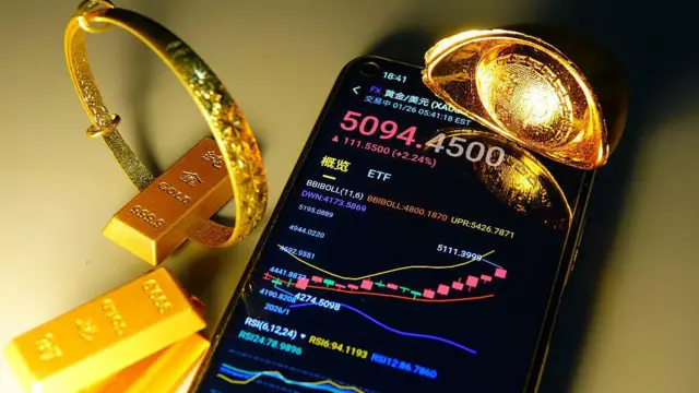 सोने की ईंटें और मोबाइल फ़ोन में उसके दाम दिख रहे हैं