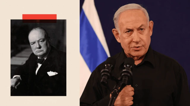 Solda Winston Churchill, sağda Benjamin Netanyahu.
