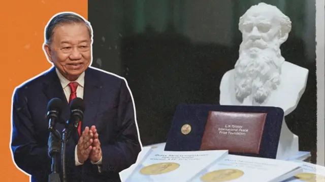Ảnh thiết kế: Chân dung Tô Lâm và tượng, giấy chứng nhận của giải Hòa bình Quốc tế Lev N.Tolstoy